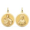 Medalla Escapulario redonda de oro amarillo de 18k de 24 mm con relieves matizados del Sagrado Corazón y la Virgen del Carmen y cerco liso brillante sobre fondo blanco