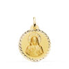 Medalla redonda del Sagrado Corazón de Jesús en oro amarillo de 18k de 22 mm con relieve central matizado y orla exterior de talla cruzada brillante sobre fondo blanco