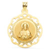 Medalla Escapulario de oro amarillo de 18k de 31x27 mm con imágenes del Sagrado Corazón y la Virgen del Carmen y orla exterior calada brillante sobre fondo blanco