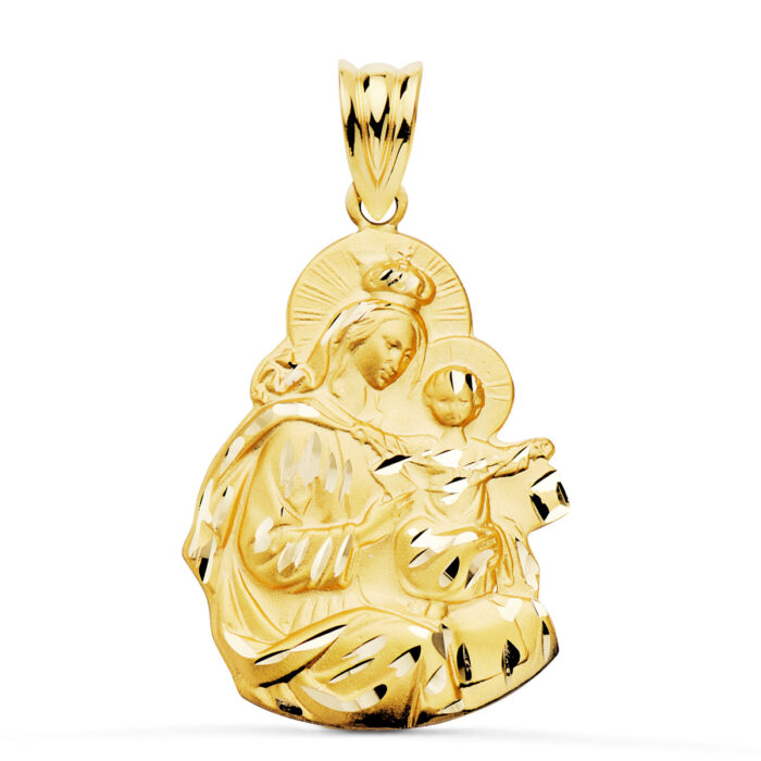 Medalla de la Virgen del Carmen de oro amarillo de 18k de 24x19 mm con contorno de silueta perfilada y bordes tallados brillantes sobre fondo blanco