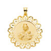 Medalla de la Virgen del Carmen en oro amarillo de 18k de 34mm con cerco perimetral biselado y tallado en brillo sobre fondo blanco