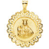 Medalla de la Virgen del Carmen en oro amarillo de 18k de 37mm con cerco de filigrana calado y tallado en relieve sobre fondo blanco