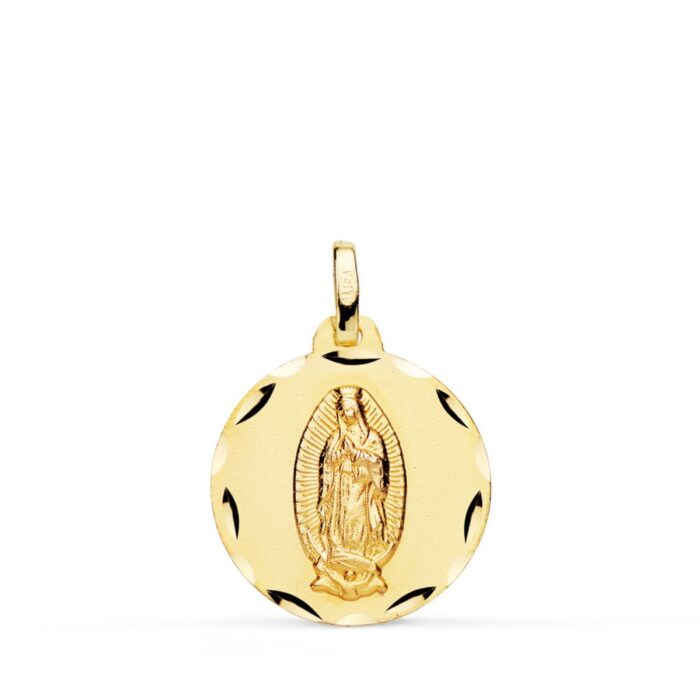 Medalla tallada de la Virgen de Guadalupe en oro amarillo de 18 quilates y 18 milímetros para mujer