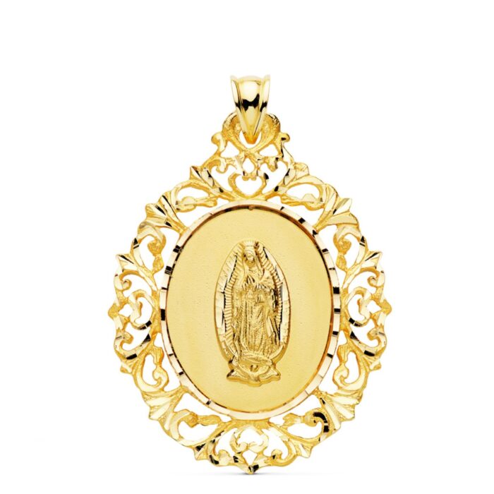 18K MEDALLA ORO AMARILLO VIRGEN GUADALUPE CERCO FILIGRANA 39X30 MM