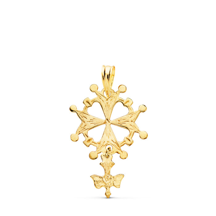 18K CRUZ DE HUGUENOTTE ORO AMARILLO CON PALOMA. 28 X 17 MM