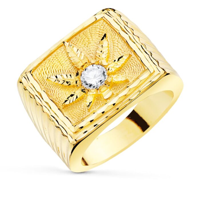 18K SELLO ORO AMARILLO MACIZO HOJA DE MARIHUANA CIRCONITA. RECTANGULAR 25X17 MM