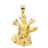 Colgante de oro amarillo de 18 quilates con la silueta calada del Cristo del Gran Poder, tamaño 28x24 mm sobre fondo neutro.