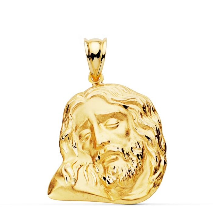 Colgante de oro amarillo de 18 quilates con el rostro de Cristo y potencias en altorrelieve, tamaño mediano-grande 26x21 mm.