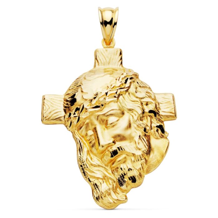 Colgante de oro amarillo de 18 quilates con el rostro de Cristo superpuesto sobre una cruz tallada, tamaño grande 40x30 mm.