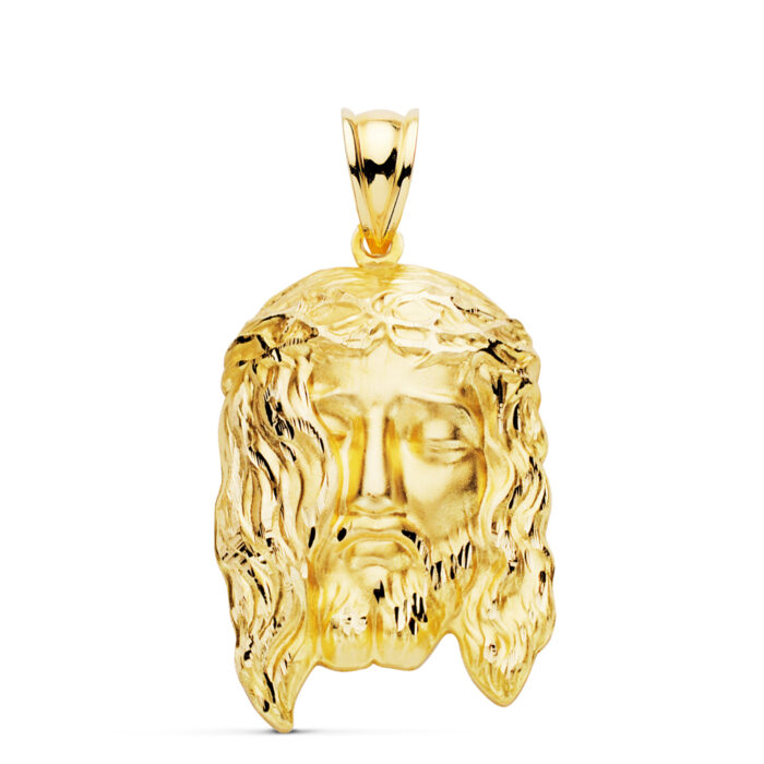 Colgante de oro amarillo de 18 quilates con el rostro de Cristo y potencias, técnica de estampado ligero, tamaño 30x19 mm.