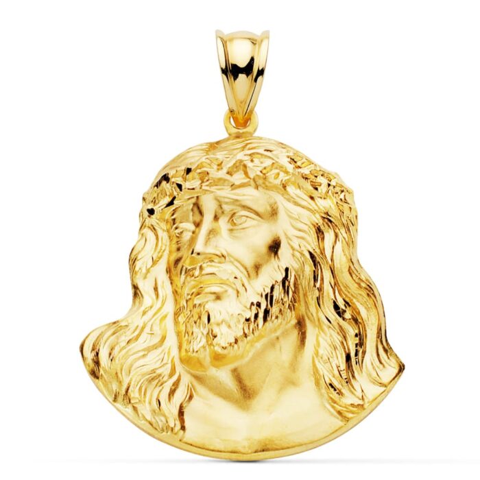 Colgante de gran tamaño en oro amarillo de 18 quilates con la imagen detallada del Santo Rostro de Cristo, medidas 42x35 mm.