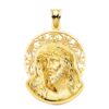 Colgante de oro amarillo de 18 quilates con el rostro de Cristo, potencias y una orla decorativa alrededor, tamaño 32x26 mm.