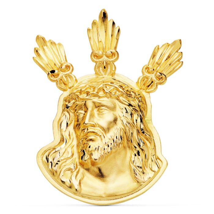 Colgante de oro amarillo de 18 quilates con el rostro de Cristo y tres potencias superiores en relieve, tamaño grande 38x29 mm.
