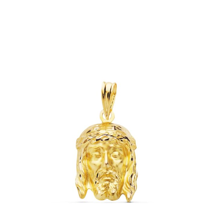 Colgante mini de cruz con el Cristo de la Buena Muerte en oro amarillo de 18 quilates estampado, tamaño 19x12 mm.