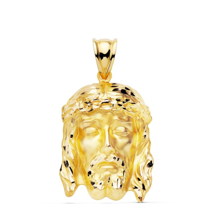 Colgante de cruz con el Cristo de la Buena Muerte (Cristo de Mena) en oro amarillo de 18 quilates, tamaño 30x22 mm.