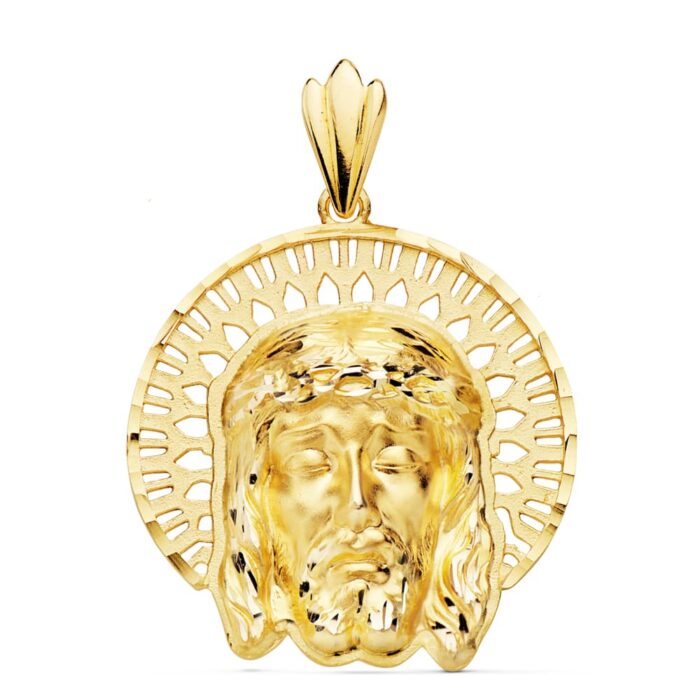 Colgante circular de oro amarillo de 18 quilates con el rostro de Cristo y orla decorada calada, tamaño 31x31 mm.
