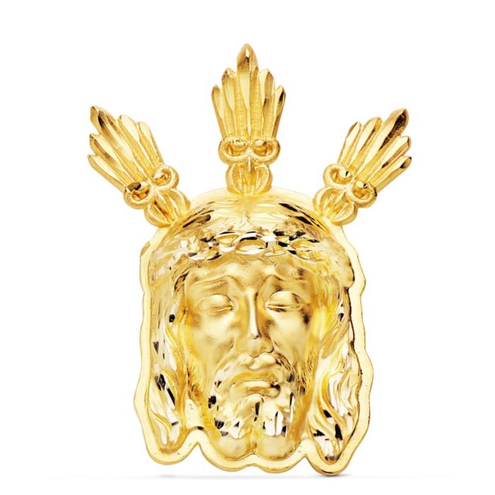 Colgante de oro amarillo de 18 quilates con el rostro de Cristo y potencias en relieve, tamaño grande 39x28 mm.
