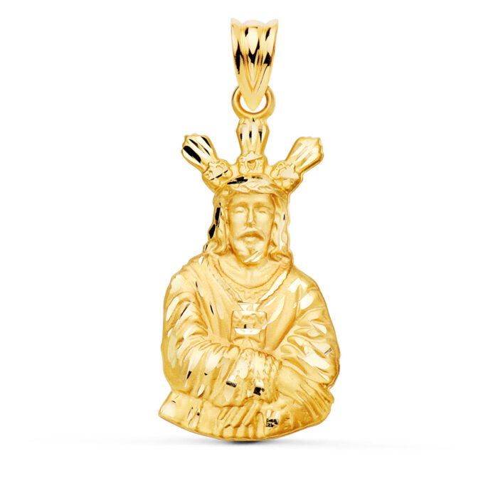 Medalla de silueta troquelada del Cristo Cautivo en oro amarillo de 18 quilates, tamaño 28x16 mm sobre fondo blanco.