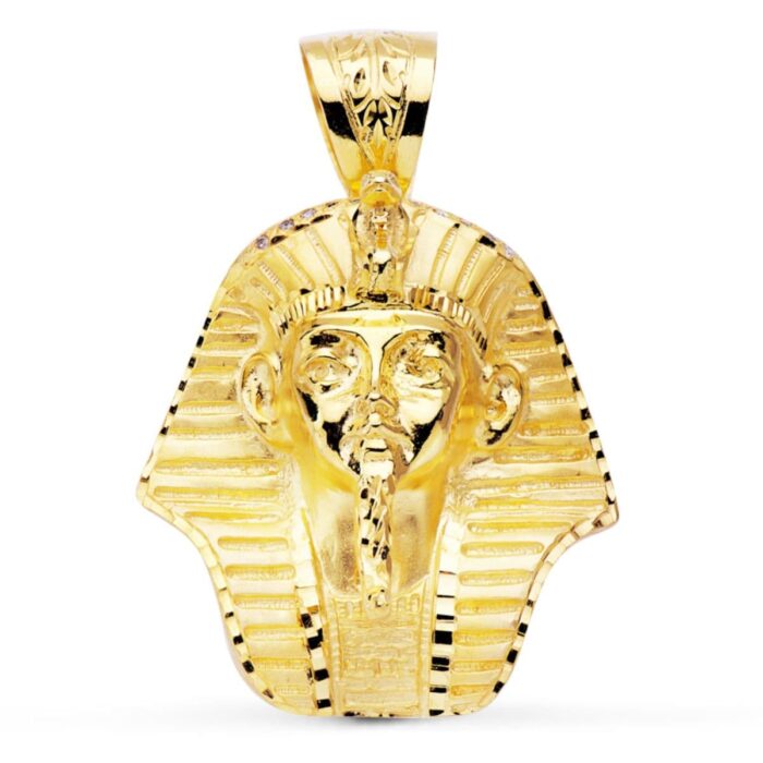 Colgante de máscara de faraón egipcio en oro amarillo de 18 quilates de tamaño gigante con relieve detallado, medidas 46x44 mm.