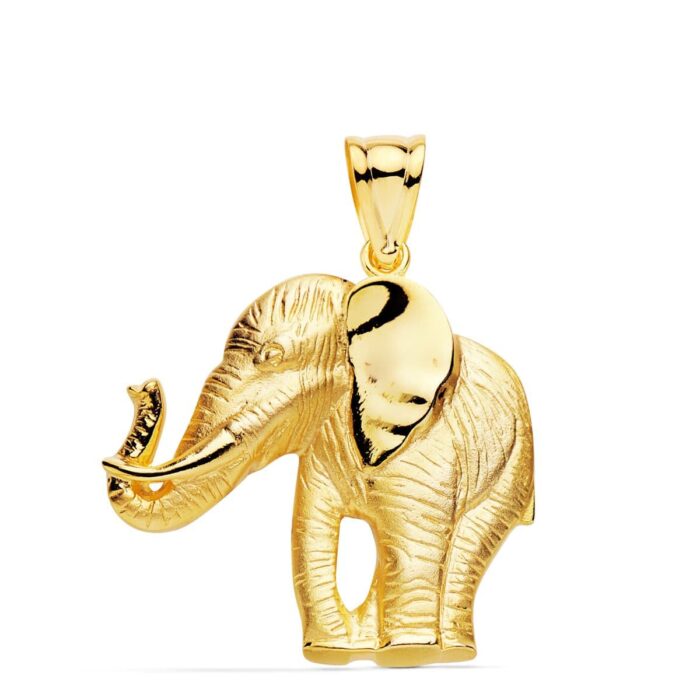 Colgante de silueta de elefante con trompa hacia arriba en oro amarillo de 18 quilates, diseño calado de 32x30 mm.