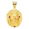 Colgante de perfil de jefe indio americano con tocado de plumas en oro amarillo de 18 quilates, tamaño 33x28 mm.