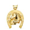 Colgante de herradura grande con dos cabezas de caballos en relieve central, fabricado en oro amarillo de 18 quilates, tamaño 50x44 mm, acabado pulido.