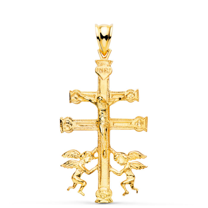 Cruz de Caravaca sólida de oro amarillo de 18 quilates con Cristo y ángeles en relieve, acabado pulido brillante, tamaño 36x22 mm.