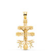 Cruz de Caravaca calada pequeña-mediana de oro amarillo de 18 quilates, con ángeles en la base y acabado brillante, 35x19 mm.