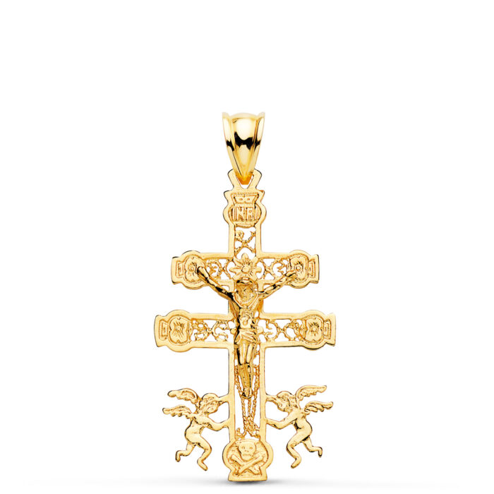 Cruz de Caravaca calada pequeña-mediana de oro amarillo de 18 quilates, con ángeles en la base y acabado brillante, 35x19 mm.