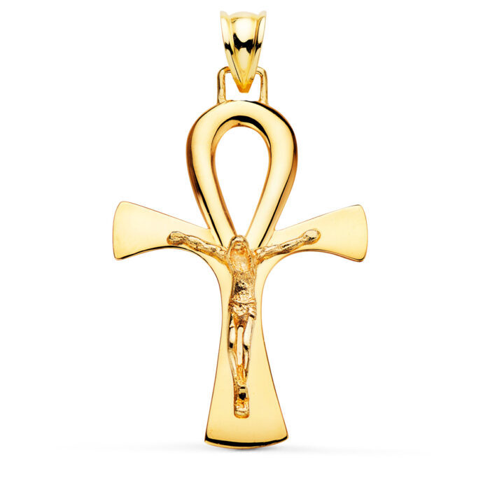 Cruz de la vida de oro amarillo de 18 quilates lisa y en brillo de 40x30 mm sobre fondo blanco.