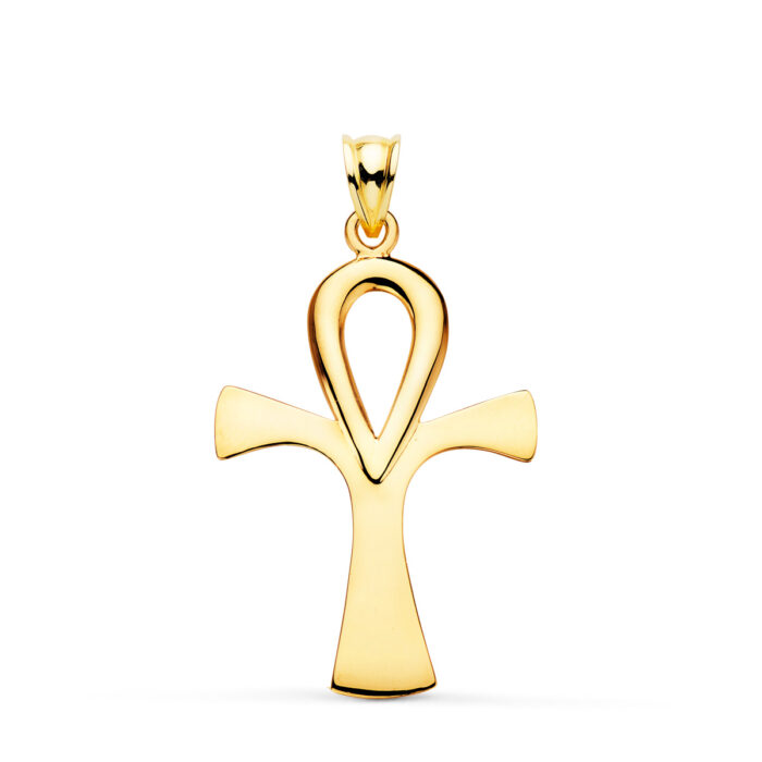 Colgante Cruz de la Vida o Ankh egipcio en oro amarillo de 18 quilates, superficie lisa con acabado brillante, tamaño 36x23 mm.