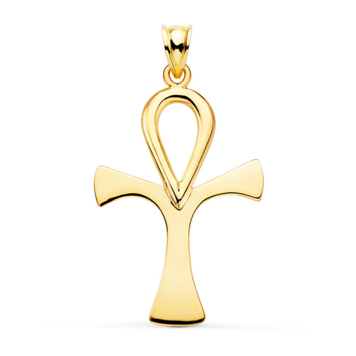 Cruz de la Vida egipcia (Ankh) en oro amarillo de 18 quilates con acabado pulido brillante, tamaño grande 40x30 mm, colgante de joyería fina.
