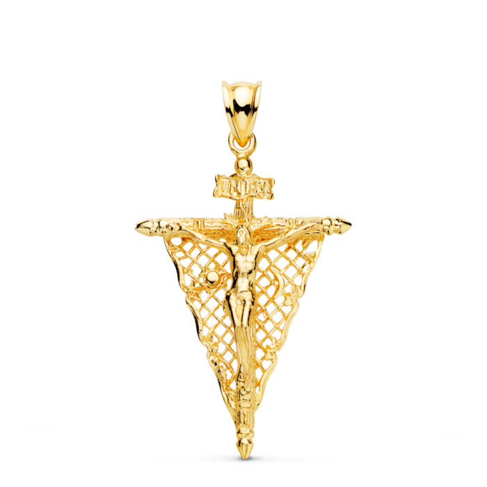 Cruz religiosa de oro amarillo de 18 quilates con la figura del Cristo del Remedio de Ánimas en relieve, tamaño 35x23 mm, sobre fondo blanco neutro.