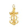 Cruz marinera de oro amarillo de 18 quilates con Cristo en relieve y brazos tallados, dimensiones 35x20 mm, joyería religiosa náutica.