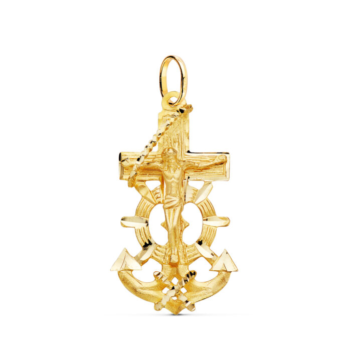 Cruz marinera de oro amarillo de 18 quilates con Cristo en relieve y brazos tallados, dimensiones 35x20 mm, joyería religiosa náutica.