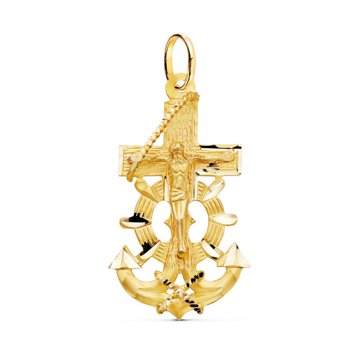 Cruz marinera de oro amarillo de 18k con figura de Cristo tallada en relieve, tamaño 40x22 mm sobre fondo blanco.