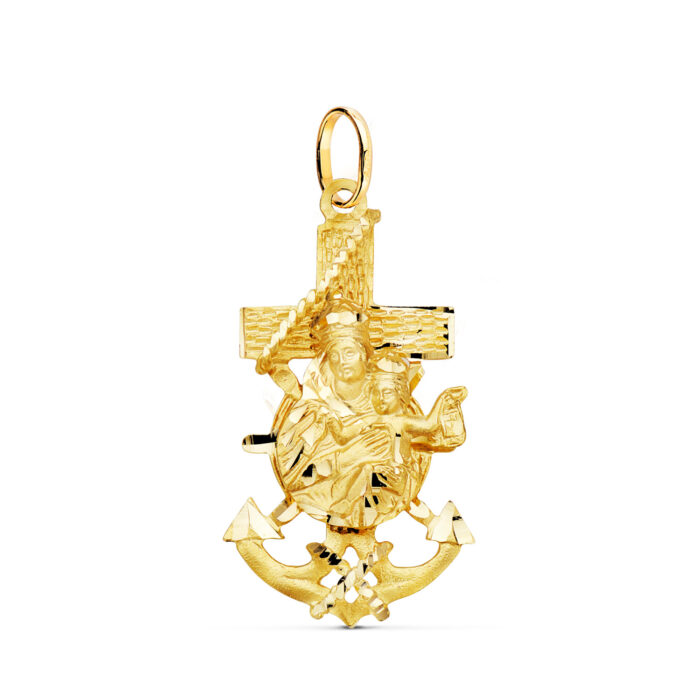 Cruz marinera de oro amarillo de 18 quilates con la Virgen del Carmen en relieve central y bordes exteriores tallados de alto brillo, medidas 35 x 19 mm.
