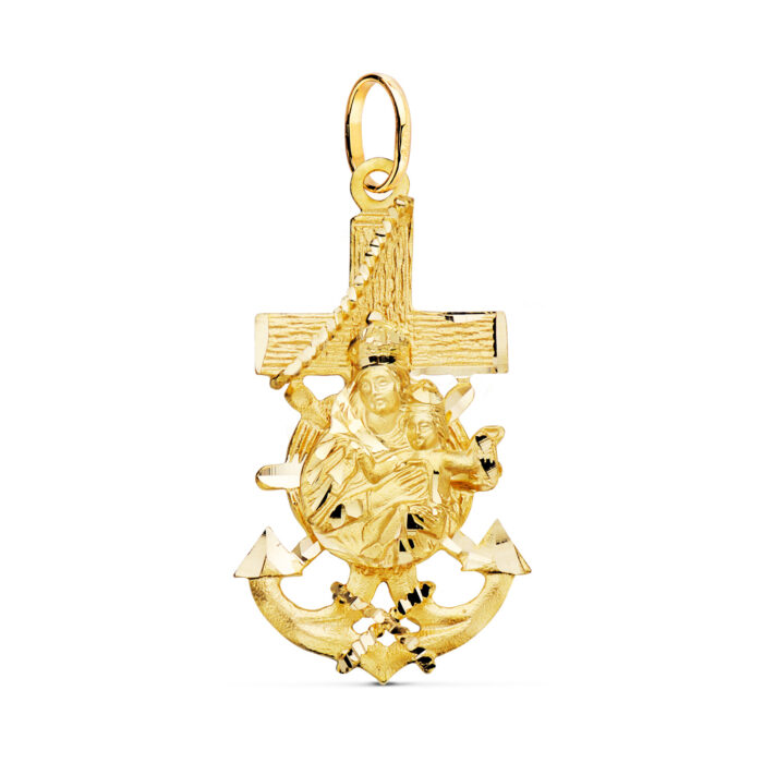 Cruz marinera de oro amarillo de 18 quilates con relieve de la Virgen del Carmen y bordes facetados con tallado brillante, medidas 40 x 22 mm.