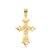 Cruz de oro amarillo de 18 quilates con diseño interior de filigrana calada y bordes exteriores facetados con tallado brillante, medidas 37 x 25 mm.