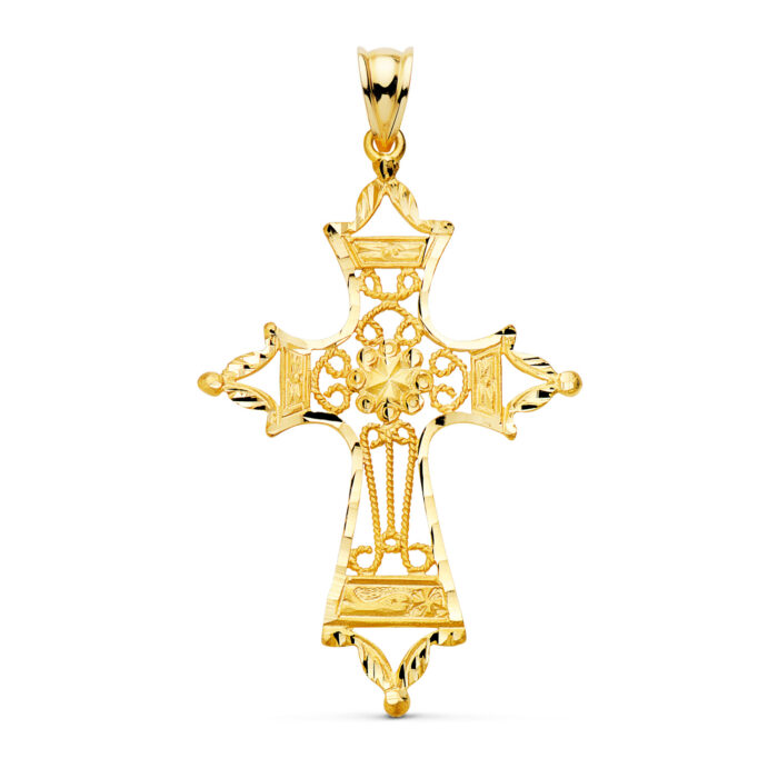 Cruz de oro amarillo de 18 quilates con diseño central de filigrana calada y bordes exteriores facetados tallados, medidas 46 x 30 mm.