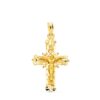 Pequeña cruz con Cristo crucificado en oro amarillo de 18 quilates, con fondo de filigrana calada y bordes exteriores tallados brillantes, medidas 28 x 18 mm.