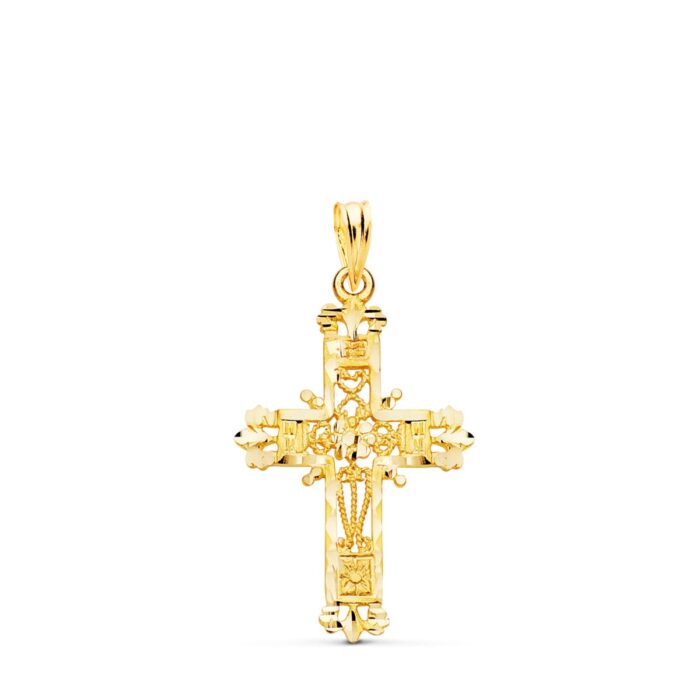 Cruz pequeña de oro amarillo de 18 quilates con diseño central de filigrana calada y bordes exteriores tallados brillantes, medidas 29 x 19 mm.