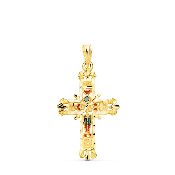 Pequeña cruz de oro amarillo de 18 quilates con diseño calado de vidriera de catedral y bordes exteriores tallados brillantes, medidas 30 x 20 mm.