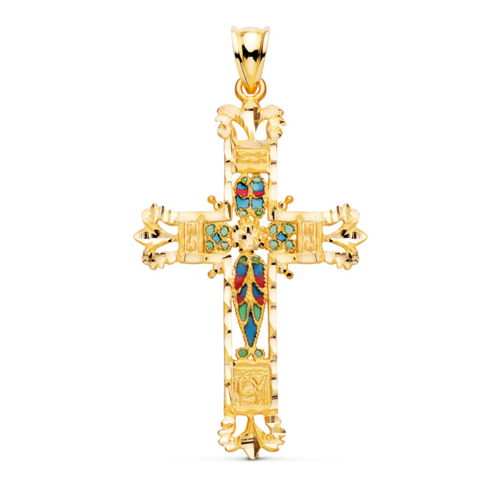 Cruz de oro amarillo de 18 quilates con diseño interior calado estilo vidriera de catedral y bordes exteriores tallados diamantados, medidas 44 x 28 mm.