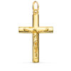 Cruz con Cristo crucificado en oro amarillo de 18 quilates, maciza, con palos de sección curva (medio palo) y acabado pulido brillante, medidas 38 x 24 mm.