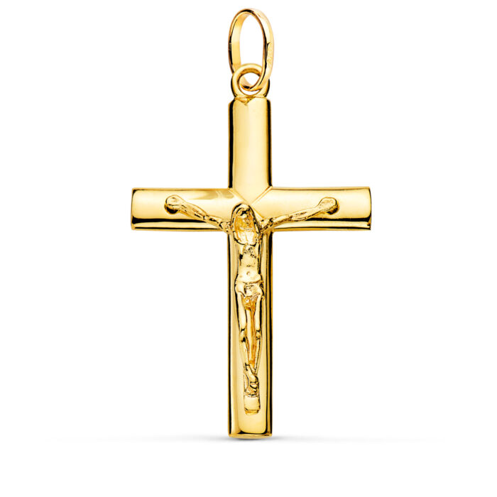 Cruz con Cristo crucificado en oro amarillo de 18 quilates, maciza, con palos de sección curva (medio palo) y acabado pulido brillante, medidas 38 x 24 mm.