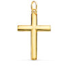 Cruz de oro amarillo de 18 quilates lisa y maciza, con palos de sección media redonda (medio palo) y acabado pulido brillante, medidas 38 x 24 mm.