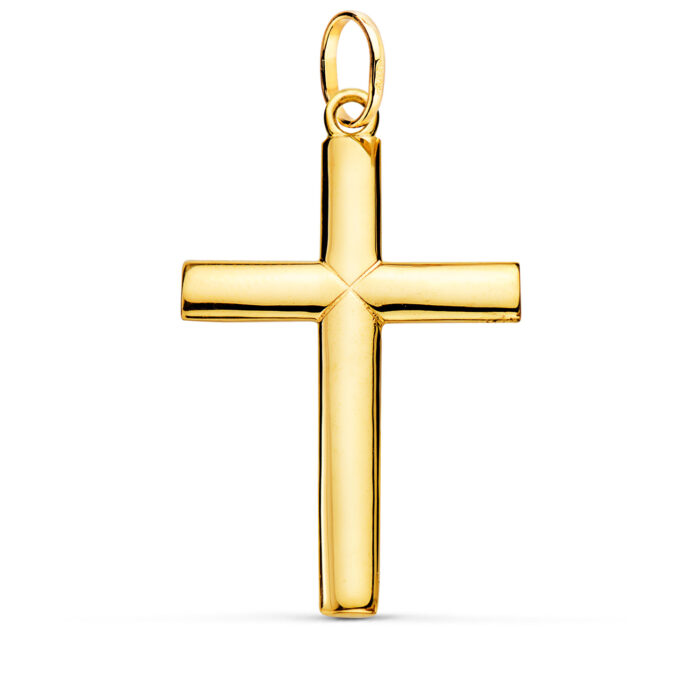 Cruz de oro amarillo de 18 quilates lisa y maciza, con palos de sección media redonda (medio palo) y acabado pulido brillante, medidas 38 x 24 mm.