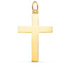 Cruz de oro amarillo de 18 quilates lisa y maciza, con palos de sección rectangular y acabado pulido brillante, medidas 38 x 24 mm.