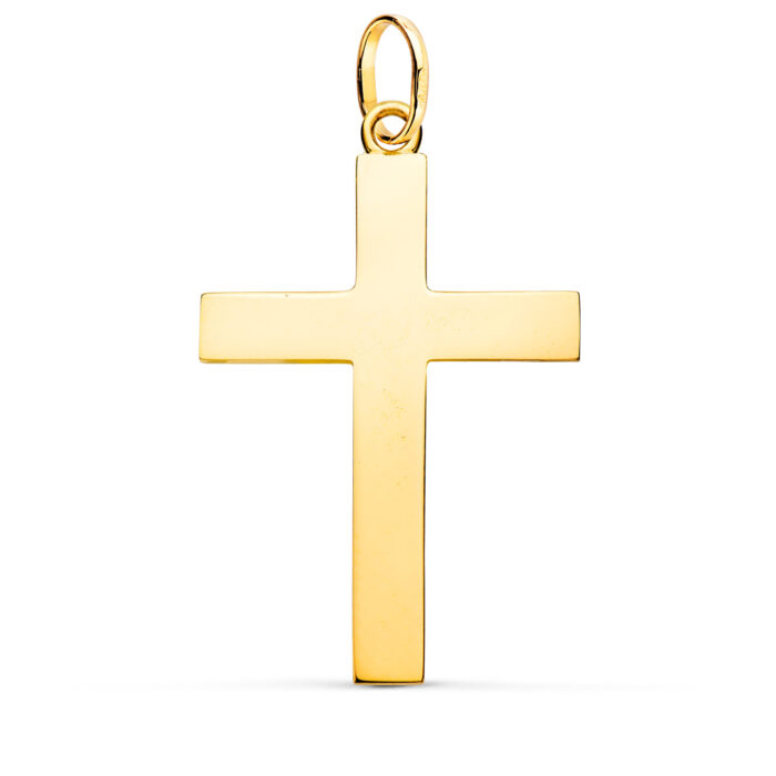 Cruz de oro amarillo de 18 quilates lisa y maciza, con palos de sección rectangular y acabado pulido brillante, medidas 38 x 24 mm.